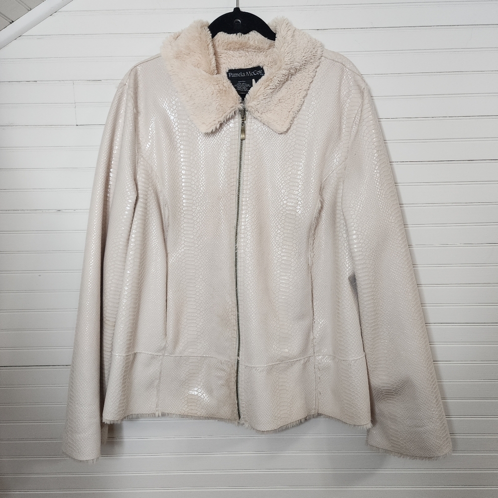 Pamela McCoy Y2K Faux Snakeskin Shearling Zip Jacket Ivory 1X